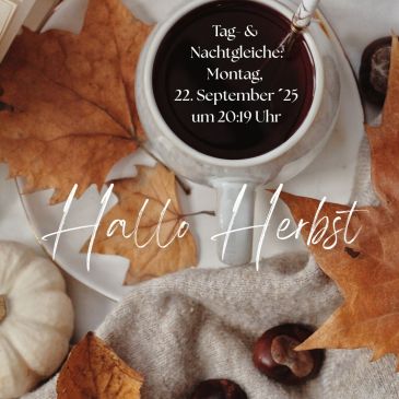 Herbstliches Motiv auf das von oben geblickt wird. Man sieht einen weiße Tasse mit Schwarz-Tee, schöne herbstliche Blätter, Kastanien und Kürbisse
