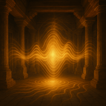 „Innenraum eines alten Tempels im goldenen Licht – Schwingungen und Lichtwellen erfüllen den Raum, während sich Energie und Klang in den steinernen Wänden spiegeln. Symbol für uraltes Wissen über Resonanz, Frequenz und spirituelle Architektur.“
