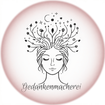 Rundes Logo mit einem zarten rosa-lila Farbverlauf. In der Mitte ein feminines, ruhiges Gesicht mit geschlossenen Augen. Aus dem Kopf wachsen feine Linien wie Gedanken oder Energieflüsse, geschmückt mit kleinen Symbolen – Monden, Sternen, Spiralen, Blättern, Kristallen, Oktagonen und Frequenzpunkten. Darunter steht der Schriftzug „Gedankenmacherei“ in eleganter, fließender Schrift. Das Logo symbolisiert Bewusstsein, Weiblichkeit, Wachstum und innere Wahrheit.
